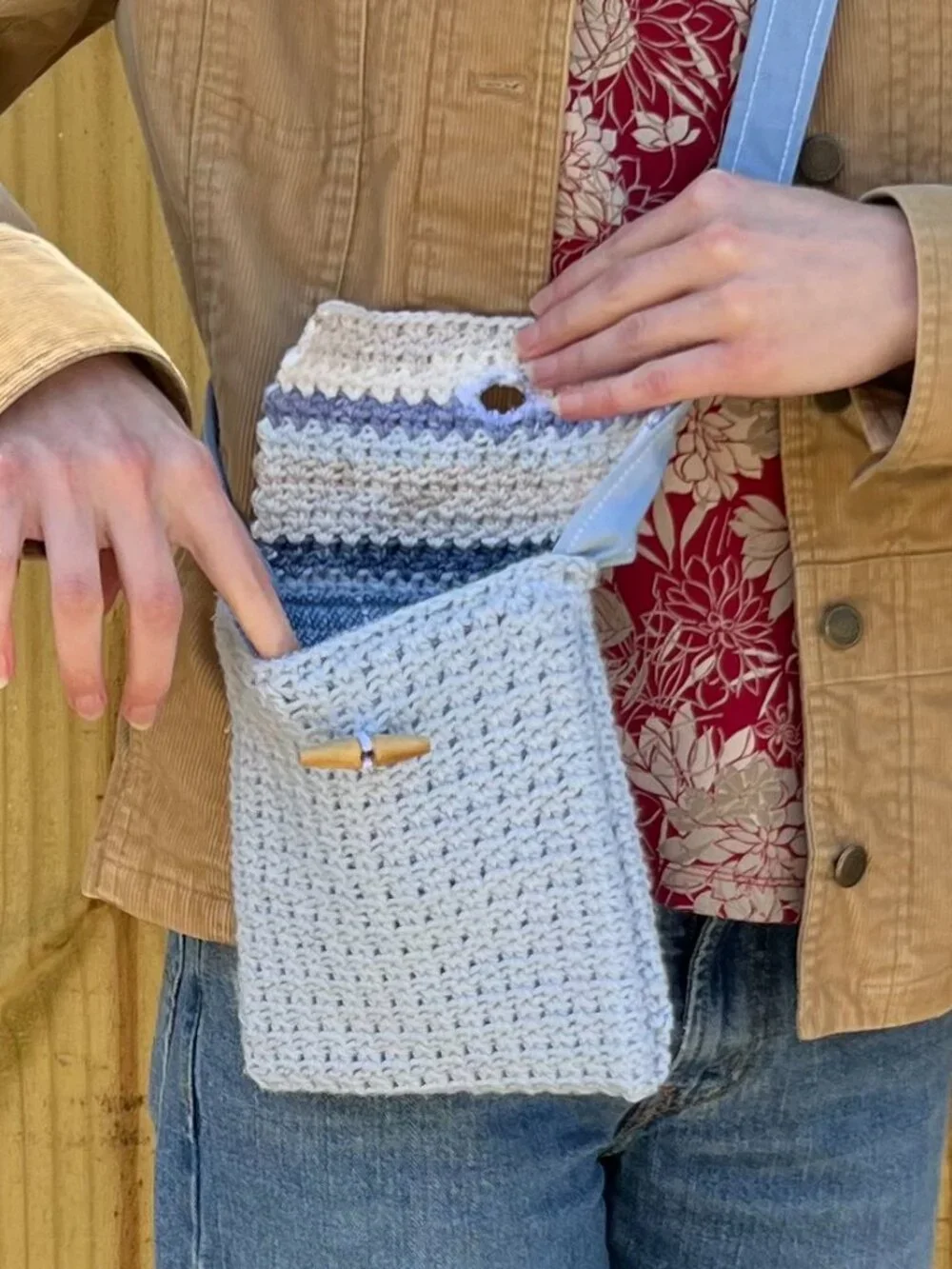Upcycled Crochet Crossbody Purse Handmade with Repurposed Lining & Button